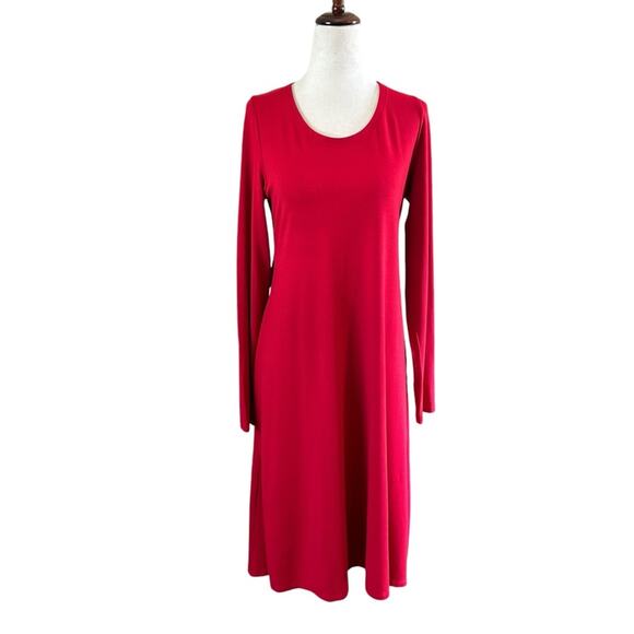 Eileen Fisher Scoop Neck Long Sleeve Knit Jersey Dress in Lacquer Red Small NWT - Picture 1 of 12